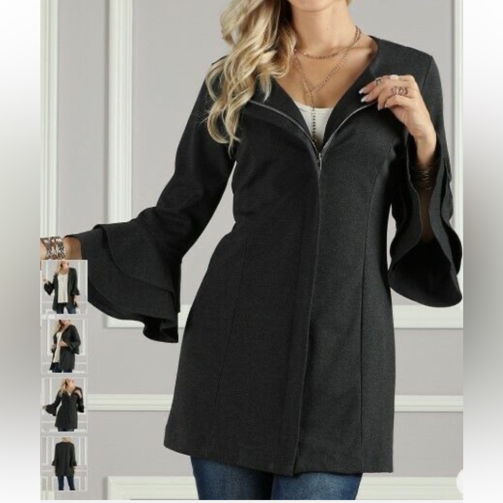 Suzanne Betro Jacket‎ Sweater Dress Small Bell Sleeves Zipper Close Heather Grey